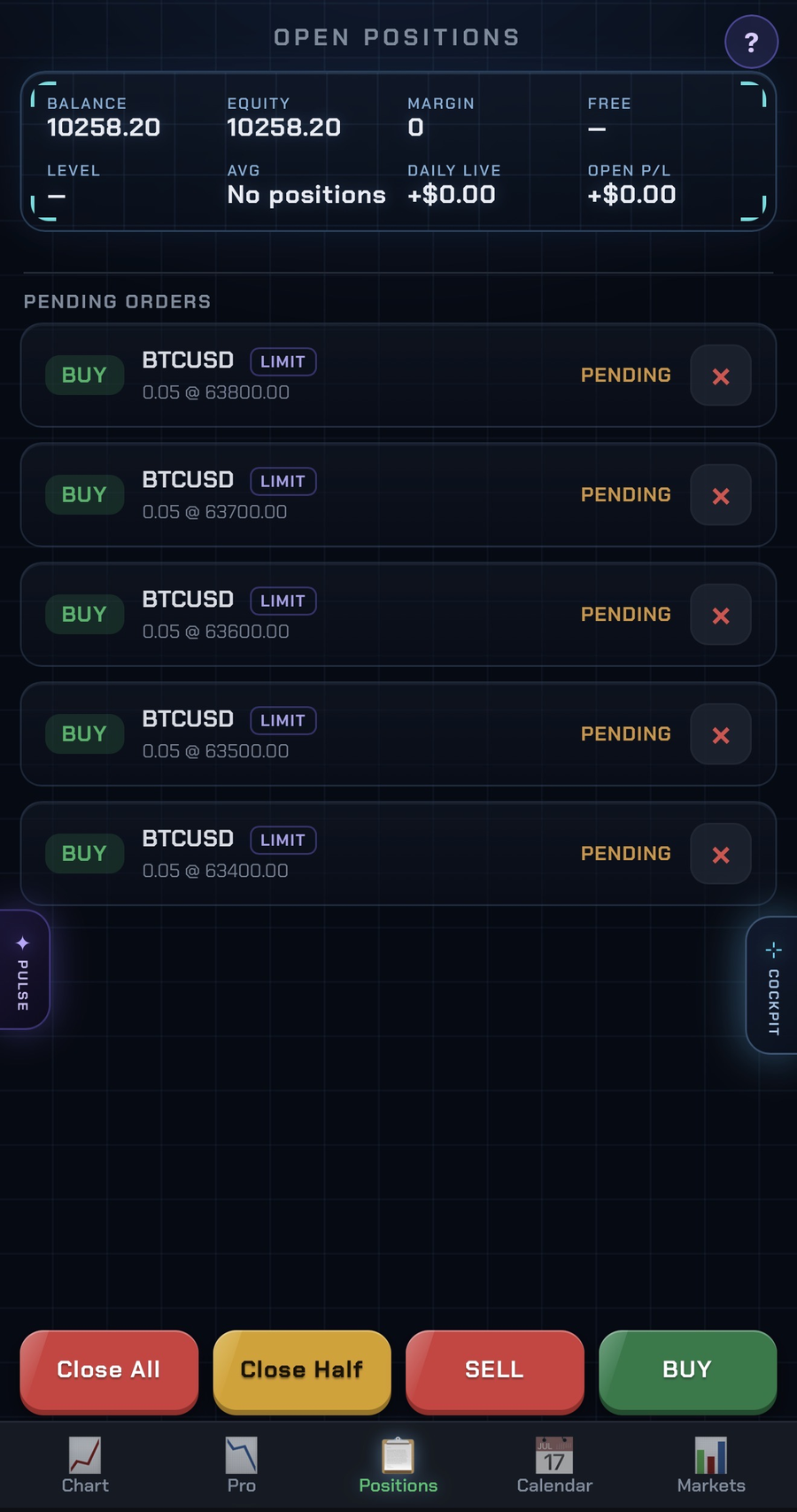 Aurivo Positions tab — open positions and pending orders